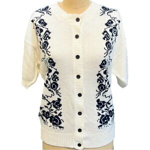 VINTAGE 60s 70s button front knit sweater cardigan short sleeve scroll‎ floral